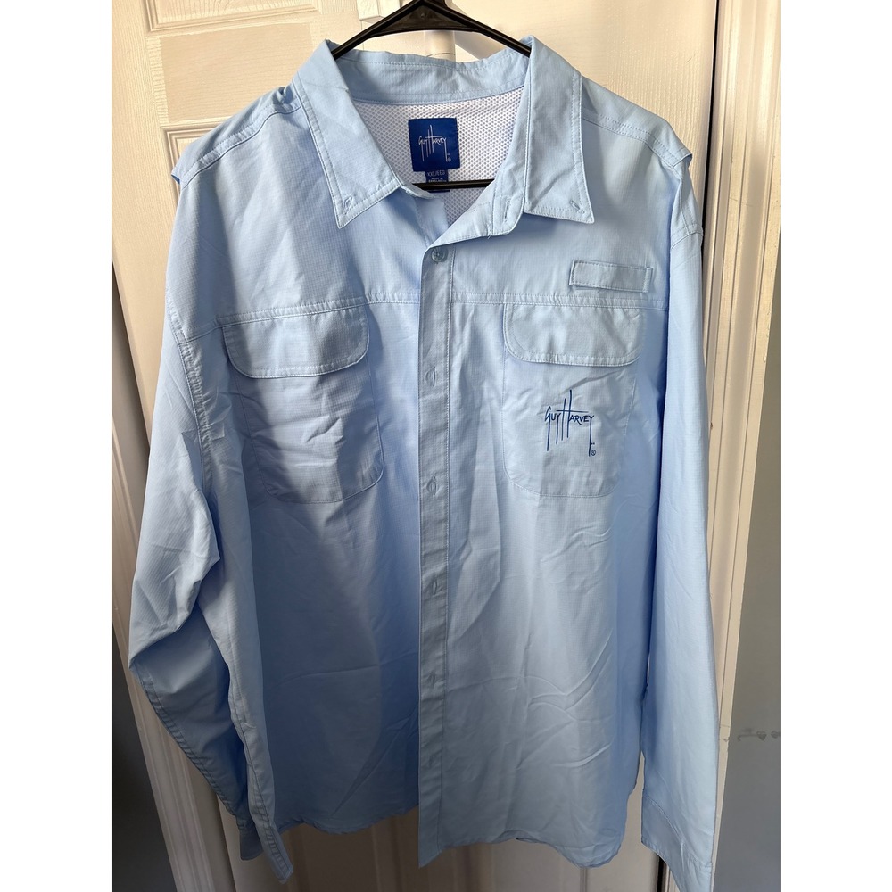 Guy Harvey Mens XXL Light Blue Long Sleeve Ventilated Ripstop Fishing Shirt